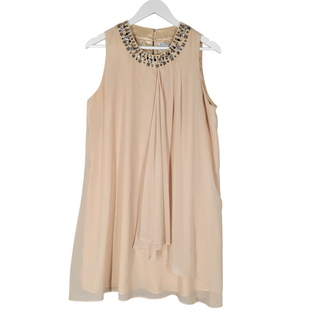 Calypso Jewel Neck Shift Dress Womens Large Beige Embellished Chiffon L